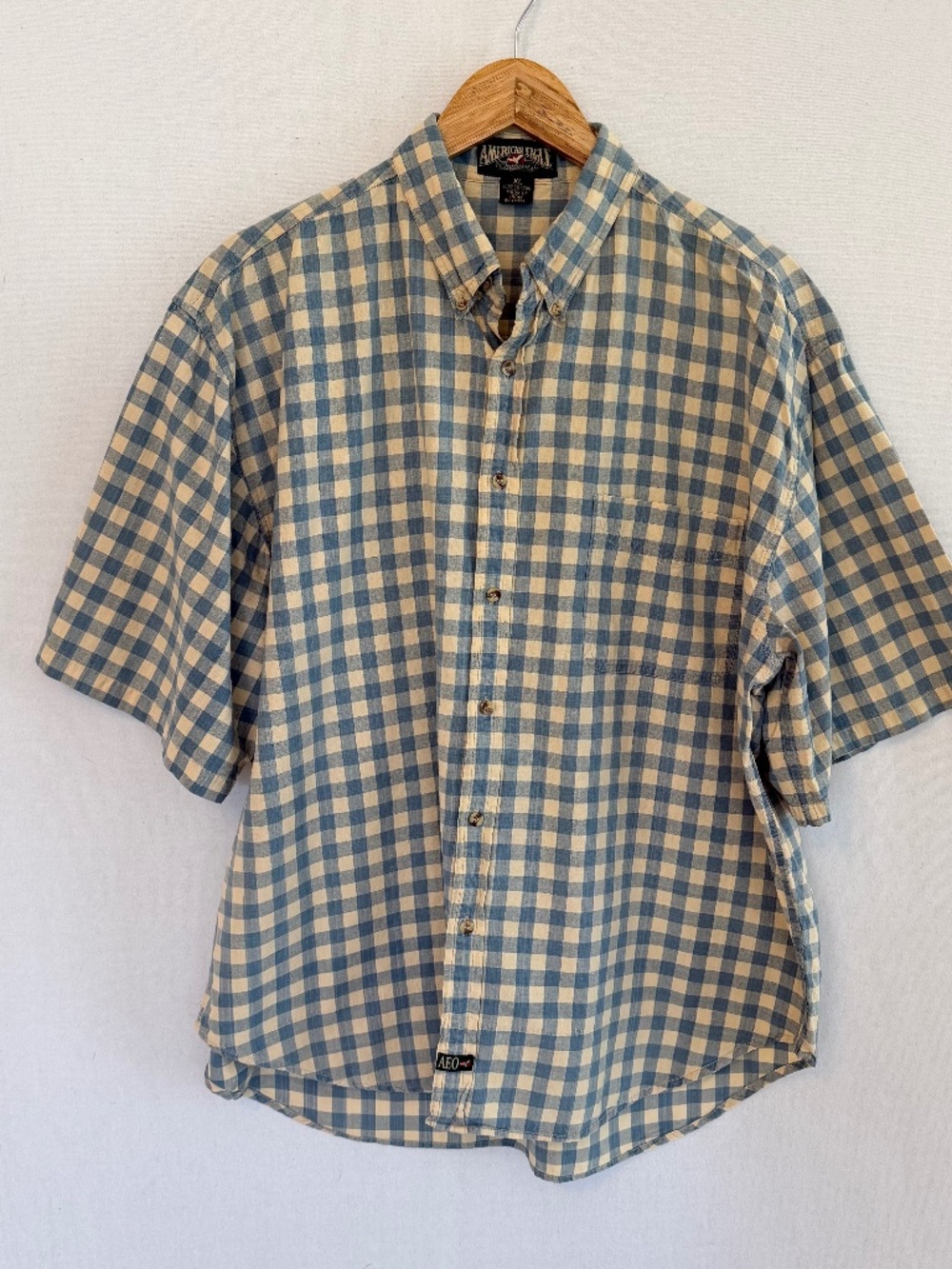 AMERICAN EAGLE Men’s XL 100% Cotton Blue Cream Gingham Check Short Sleeve Shirt
